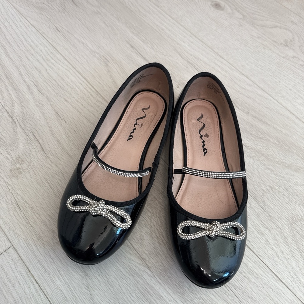Nina Black Patent Leather Flats with Rhinestone Bow